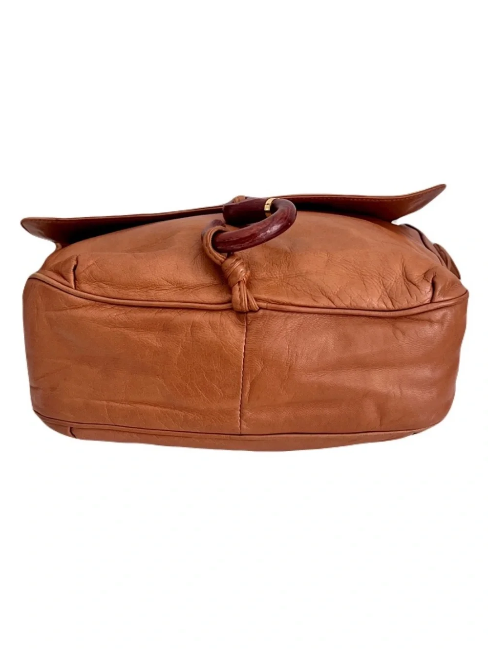 Vintage Loewe Amber Brown Leather Flap Shoulder Bag with Wooden Fishhook